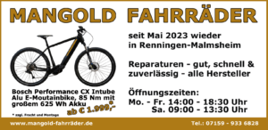 Mangold-Fahrräder-seit-Mai-23-wieder-in-71272-Renningen-Malmsheim---Öffnungszeigen-und-Angebot-eMTB-Alu-Bosch-Performance-CX-85-Nm-Motor---625Wh-Intube-Akku